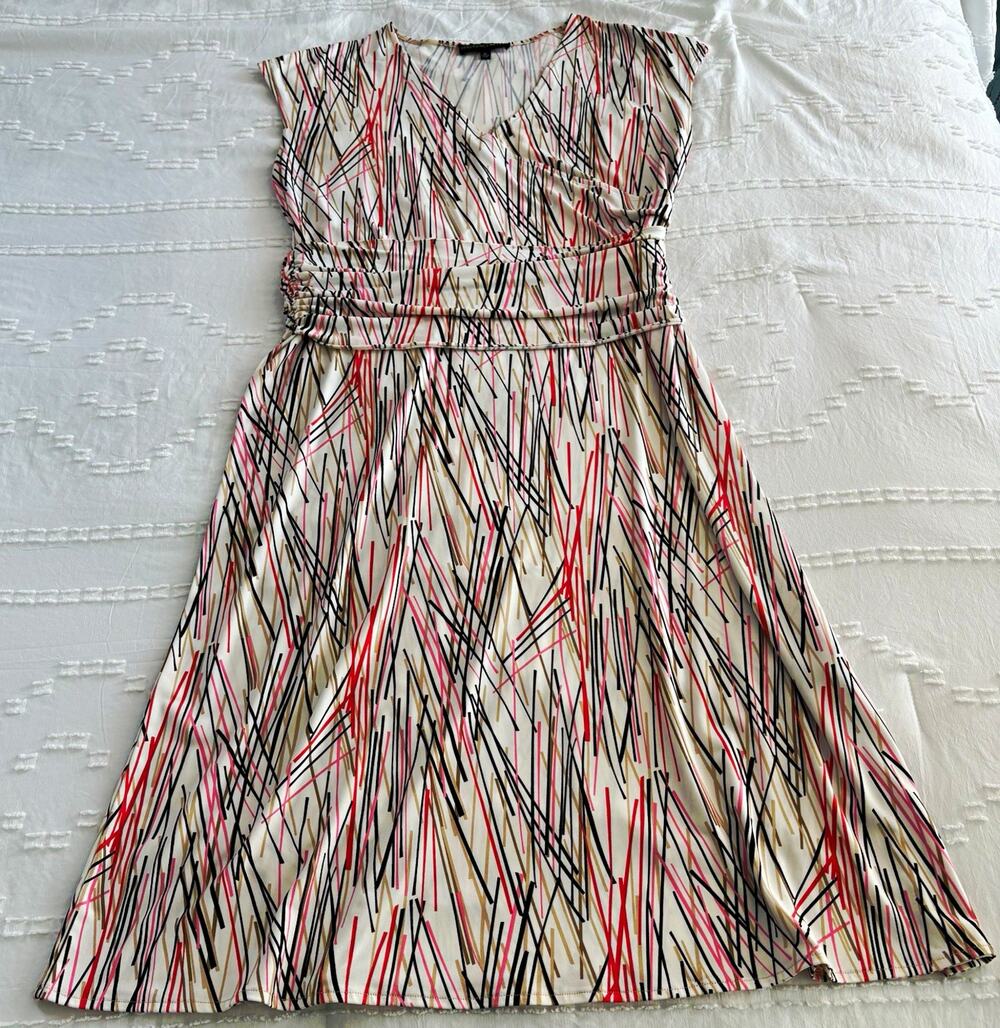 Kasper & Company Women’s Abstract Print Faux Wrap Ruched Waist Dress Slimming XL